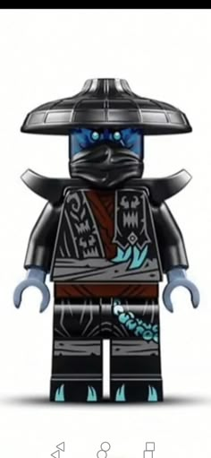 a lego character with blue eyes and a black hat