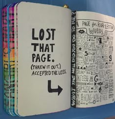 an open book with lots of writing on the pages and arrows pointing in different directions