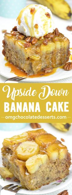 upside down banana cake with ice cream on top and bananas in the middle, sitting on a plate