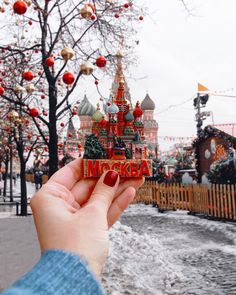 a person holding up a small toy castle in front of a christmas tree with decorations