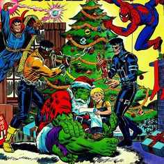 the amazing spider - man christmas tree is surrounded by other superheros and their families