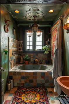 a bath room with a tub and a rug on the floor