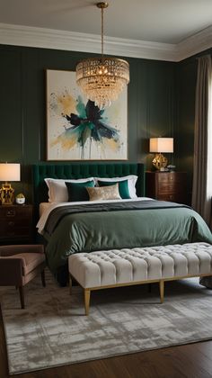 a bedroom with green walls and a large painting on the wall above the headboard