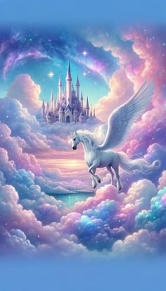 a painting of a white unicorn flying through the sky with a castle in the background