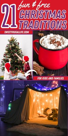 christmas decorations and gifts are featured in this collage with the words, 21 fun free christmas