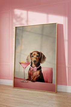 "Dachshund Dog Print - Preppy Pink Aesthetic Martini Bar Cart Digital Download Poster Art Immediate Digital Download The frame is not included. Digital Download Only. Add a touch of adorable charm to your kids' room decor with our delightful \"Printable Pink Dachshund Print.\" This preppy art piece features a lovable Dachshund, also known as a Weiner Dog, capturing the hearts of children and dog lovers alike. Bring a smile to your child's face with this printable dog print, which adds a pop of c Cute Dog Decor Ideas, Weiner Dog Decor, Pink Wall Art Living Room, Dog Apartment Ideas, Weiner Dog Painting, Martini Decor, Aesthetic Martini, Pink Dachshund, Arte Dachshund