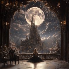 a woman sitting on the floor in front of a castle with a full moon behind her