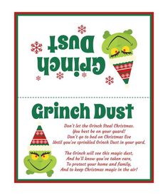 two christmas greeting cards with the words grin dust and an image of green monsters wearing hats