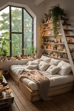 a living room filled with furniture and lots of plants on the shelves next to a window