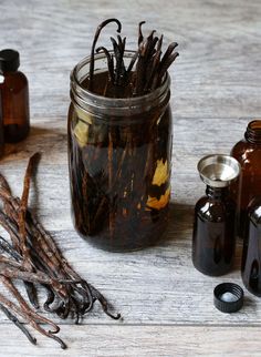 several jars filled with different types of herbs