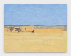 a painting of a yellow building in the middle of a field with trees and blue sky