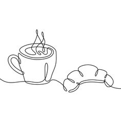 a cup of coffee next to a piece of bread on a white background, one line drawing