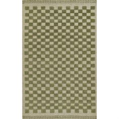 a green and white rug with checkered squares on the bottom, in front of a white background