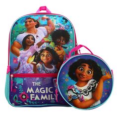 Celebrate your favorite magical family with this Encanto lunch tote and backpack. The tote comes in blue and features an image of Mirabel Madrigal in front of a floral background while the backpack shows Luisa, Isabela, Mirabel, and Antonio in front of a jungle background. White letters on the front pocket read, "The Magic Family." The backpack comes with a padded back and padded shoulder straps along with a pair of side mesh pockets that are perfect for carrying a water bottle. Encanto fans wil Mirabel And Antonio, Jungle Background, Disney Tote Bags, Mirabel Madrigal, Disney Encanto, Mesh Backpack, Purple Backpack, Disney World Parks, Kids Backpack