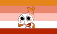 a cartoon character with an orange and pink striped background