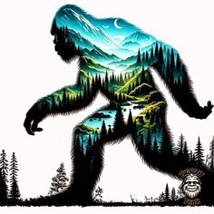 a drawing of a bigfoot in the woods with mountains and trees on it's back