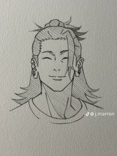 a drawing of a woman with long hair and earrings on her head, looking to the side