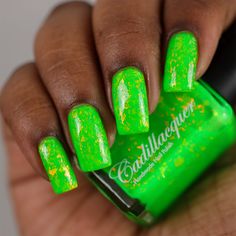 Sky Dancer, from the Summer 2023 Collection by Cadillacquer, is a neon green nail polish, packed with bigger orange flakes. 0.5 fl oz (15 ml) 5 Free (No Formaldehyde, No DBP, No Toluene, No Formaldehyde Resin, No Camphor) Cadillacquer nail polishes are cruelty-free Made in Switzerland Swatches courtesy of IG: @_always_polished_, @doseoflade, @colourfulnailarts, @lacquer_is_life, @serpentine13, @storytellingd1collectionneuse, @yyulia_m, @lakodzen Neon Green Nail Polish, Neon Green Nails, Neon Nail Polish, Green Nail Polish, Makeup Party, Green Nail, Bright Nails, Indie Nail Polish, Neon Nails