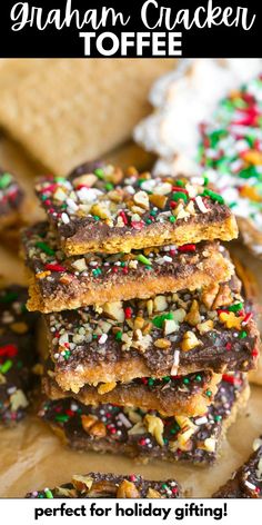 graham cracker toffes are stacked on top of each other with sprinkles