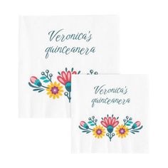 two napkins with flowers on them and the words veronicer's gunicaera written in spanish