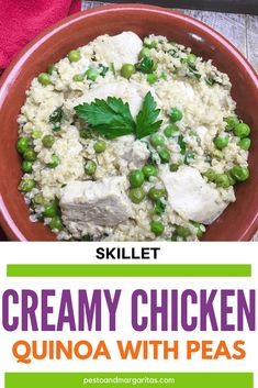 a bowl filled with creamy chicken and peas on top of a wooden table next to a pink towel