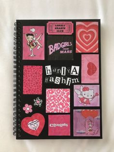 a notebook with many pictures and hearts on the cover that says badgirls mars