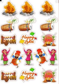 happy holi stickers are arranged on a white background, with the words happy holi written in different languages