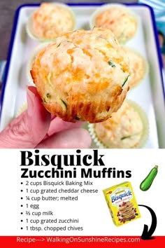 an advertisement for bisquick zucchini muffins with instructions