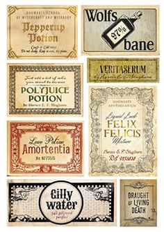 six different types of wine labels in various styles and colors, all with the same label type