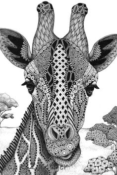 a black and white drawing of a giraffe's head with patterns on it