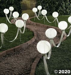 some white paper lanterns are in the grass