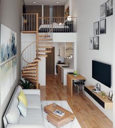 a living room filled with furniture and a spiral staircase