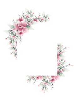 a floral frame with pink flowers and green leaves on the edges, as well as an empty