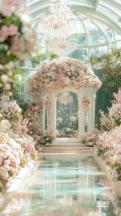 the inside of a garden with flowers and chandelier