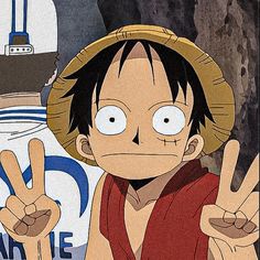 one piece is making the peace sign with his fingers