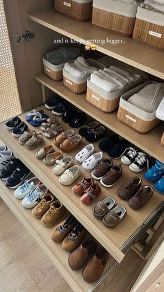 there are many pairs of shoes on the shelves