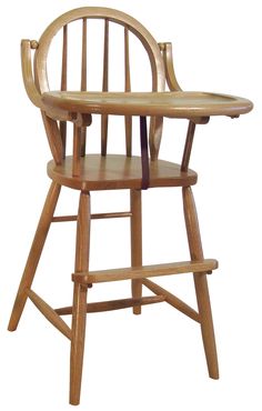 a wooden high chair with no arms