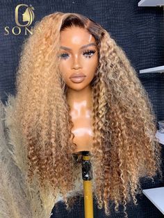 13x4 Ombre Honey Blonde Highlight Lace Frontal Wig 13X6 HD Transparent Jerry Kinky Curly Human Hair Blonde Highlight, Human Hair Wigs Blonde, Curly Human Hair Wig, Curly Lace Front Wigs, Hair Affair, Dope Hairstyles, Lace Hair, Front Lace Wigs Human Hair