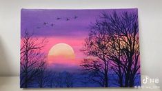 an acrylic painting of a sunset with birds flying in the sky over trees