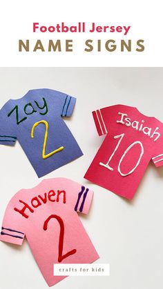 football jersey name sign craft for kids Sports Week Activities For Kids, Summer Sports Crafts, School Spirit Crafts, Team Spirit Crafts, Kids Sports Crafts, Sports Activities For Kids, Put God First