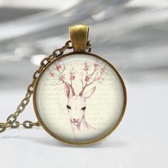 Deer Necklace Woodland Jewelry Forest Animal Art Pendant in Bronze or Silver with Link Chain Include Artsy Gold Round Pendant Necklace, Vintage Circle Necklace For Gifting, Vintage Circle Necklace For Gifts, Bronze Cabochon Necklace For Gifts, Artsy Brass Jewelry For Gifts, Artistic Personalized Necklace, Artistic Bronze Jewelry For Gifts, Artistic Bronze Jewelry For Gift, Artistic Bronze Jewelry Gift