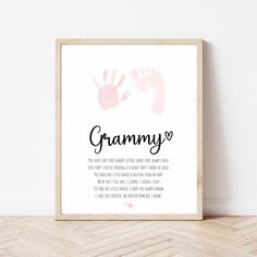 a pink and black print with the words,'granny's handprints on it