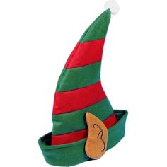 a green and red elf hat with a wooden cat in it's mouth on a white background