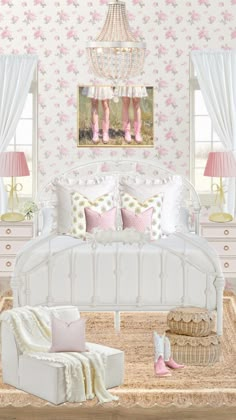 a white bed sitting under a chandelier in a bedroom