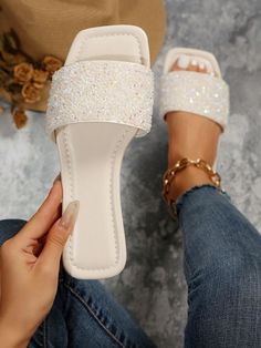 Women's Rhinestone Decor Pink Flat Slipper, Casual & Outdoor Pvc Open Toe Sandal Valentines White Glamorous,Fashionable    Plain    Women Shoes, size features are:Bust: ,Length: ,Sleeve Length: Women Flat Sandals, Women Slides, Pink Flats, Fashion Slippers, Rhinestone Sandals, Beach Slippers, Rhinestone Decor, Comfortable Flats, Open Toe Sandals