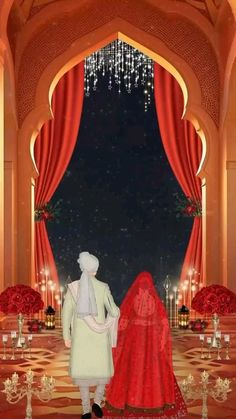 two people standing in front of a stage with red curtains and chandeliers on it