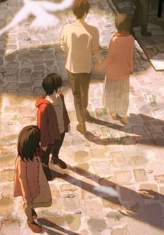 an anime scene with three people walking down the street and one person holding his hand