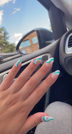 Preppy Beach Nails, Design Nails Almond, Acrylic Design Nails, Nails Almond Medium, Teal Acrylic Nails, Cruise Nails, Wave Nails