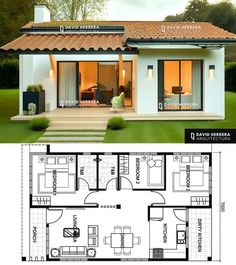 the floor plan for a small house with an open living area and two separate rooms