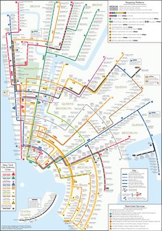 the new york subway map is shown in red, yellow and blue with many different lines